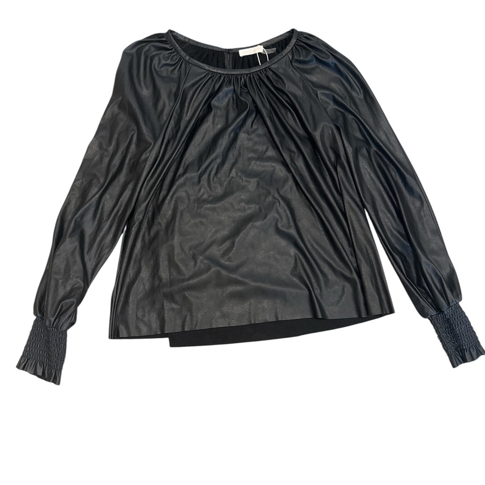 NWT Ramy Brook faux leather long sleeve black blouse small